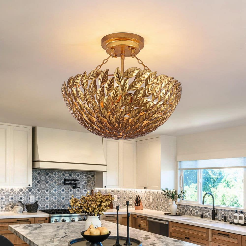 Artisan 15.6 in. 3-Light Antique Gold Leaf Semi-Flush Mount with Hand-Applied Foil Finish and Leaf Basket Design price history on PriceWatchPro