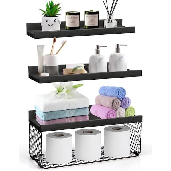 Cubilan 16 in. W x 6 in. D Decorative Wall Shelf, Black 3 Sets Floating Wood Bathroom Shelves
