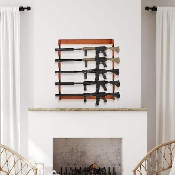 Gun Rack, 33.1 in. Hight, Red Wood Gun Rack Wall Mount, Backpacks, Gun Display Rack holds 5 Rifles, Shotguns