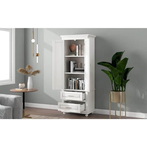 Unbranded 24 in. W x 16 in. D x 63 in. H White MDF Freestanding Linen Cabinet with Shelf and 2-Drawers