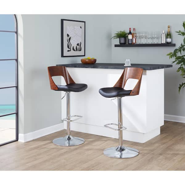 LumiSource Valencia 31 in. Black Faux Leather, Chrome Metal, and Walnut Wood Adjustable Barstool (Set of 3)