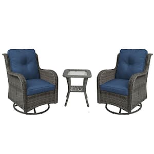 Wicker Gray Patio Swivel Outdoor Rocking Chair Set with Royal Blue Cushions and Table (Set of 2)