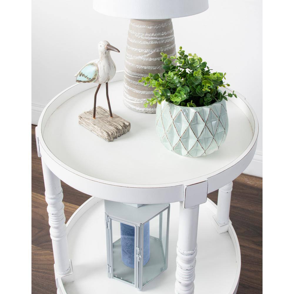 Bellport 22.5" Rustic White Round Wooden Side Table with Shelf