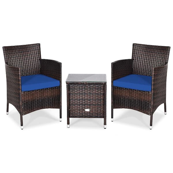 Gymax 3-Piece Rattan Patio Chair and Table Furniture Set Outdoor with Navy Cushion