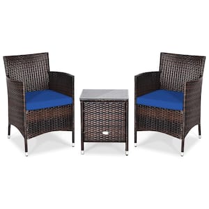 3-Pieces Rattan Patio Outdoor Furniture Set with Navy Cushioned Chairs Coffee Table