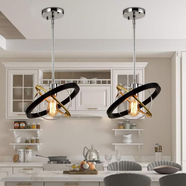 Frankfort 1 - Light Black/Gold Single Geometric Pendant with Wrought Iron