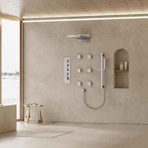 Thermostatic 15-Spray 22 in. Rectangle Wall Mount Rainfall and Waterfall Shower System with Valve in Brushed Nickel