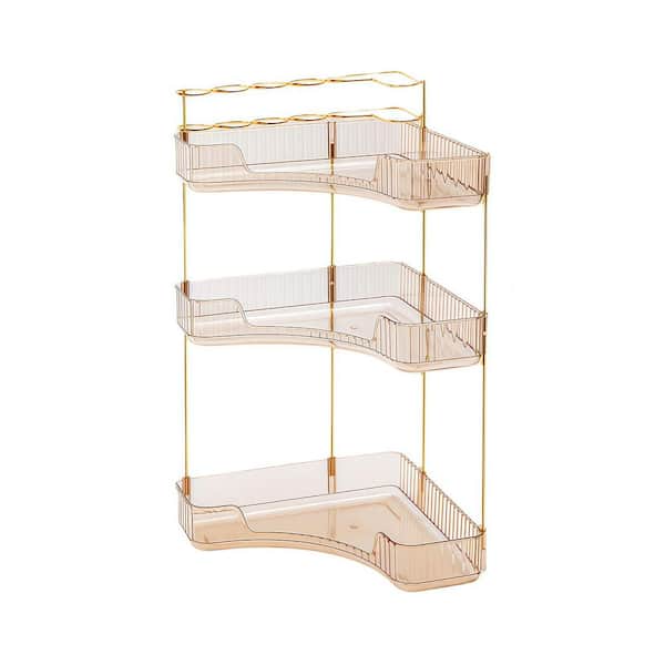 Amber Gold 3-Tier Makeup Organizer for Vanity, with Makeup Brush Holder, Corner Counter Storage for Bathroom Dresser