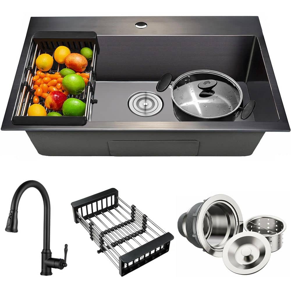 All-in-One Matte Black Finished Stainless Steel 33 in. x 22 in. Drop-In Single Bowl Kitchen Sink with Pull-Down Faucet