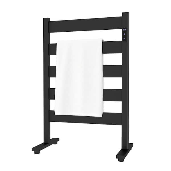 Aluminum 5-Bar Freestanding Warmer Heated Towel Rack Electric Plug-In Temperature for Bathroom and Spa in Black