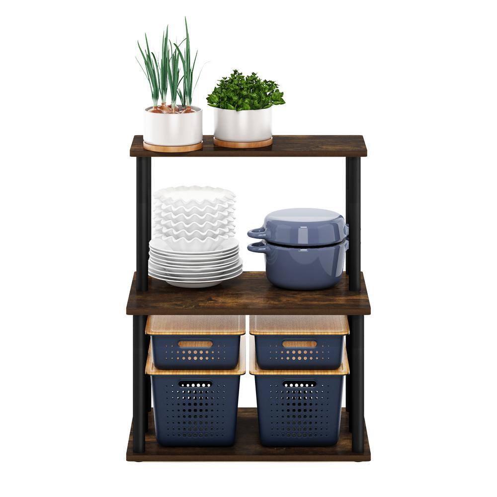 Amber Pine and Black 3-Tier Kitchen Storage Cart with Shelves