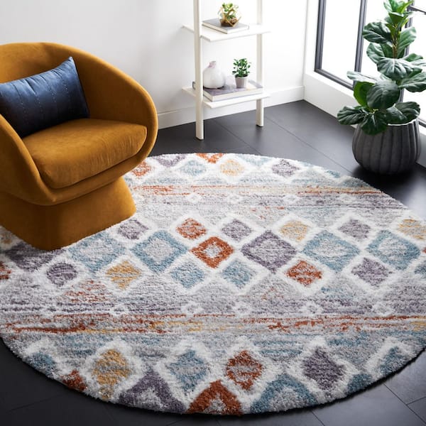 Berber Shag 10 ft. x 10 ft. Blue Rust/Ivory Diamond Striped Round Area Rug