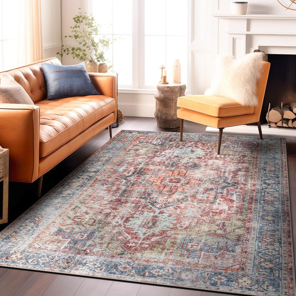 Vintage Red and Blue Medallion Washable Synthetic Area Rug