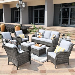 Erie Lake Gray 7-Piece Wicker Outdoor Patio Conversation Seating Sofa Set with Gray Cushions