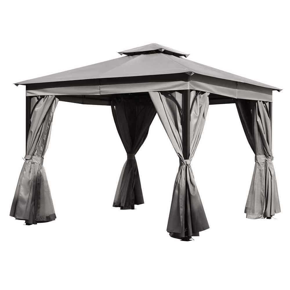10 ft. x 10 ft. Grey Polyester Steel Outdoor Patio Gazebo Tent with Double Roofs Mosquito Netting and Privacy Screens price history on PriceWatchPro