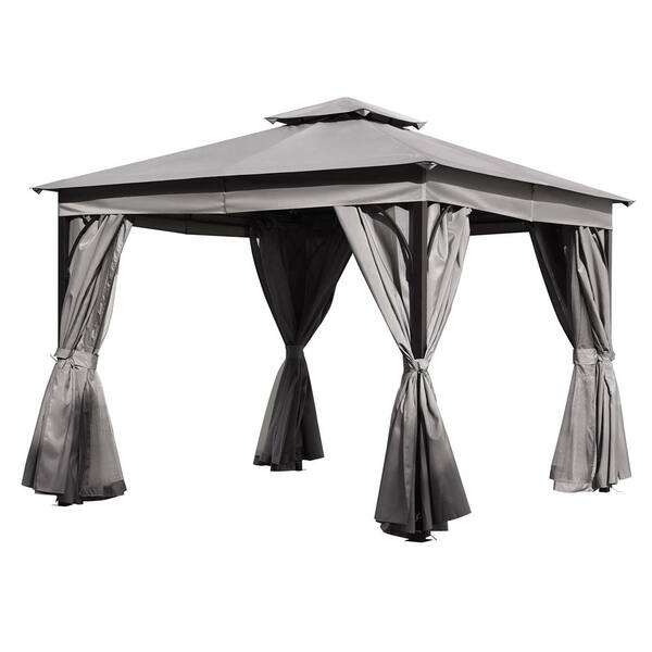 10 ft. x 10 ft. Grey Polyester Steel Outdoor Patio Gazebo Tent with Double Roofs Mosquito Netting and Privacy Screens