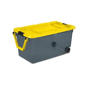 160 Qt. Latching Storage Box with Wheels in Gray Tint with Yellow Lid