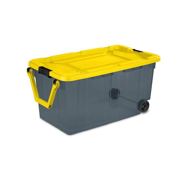 HDX 160 Qt. Latching Storage Box with Wheels in Gray Tint with Yellow Lid