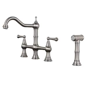 Elegant Double Handle Bridge Kitchen Faucet with Side Sprayer in Brushed Nickel