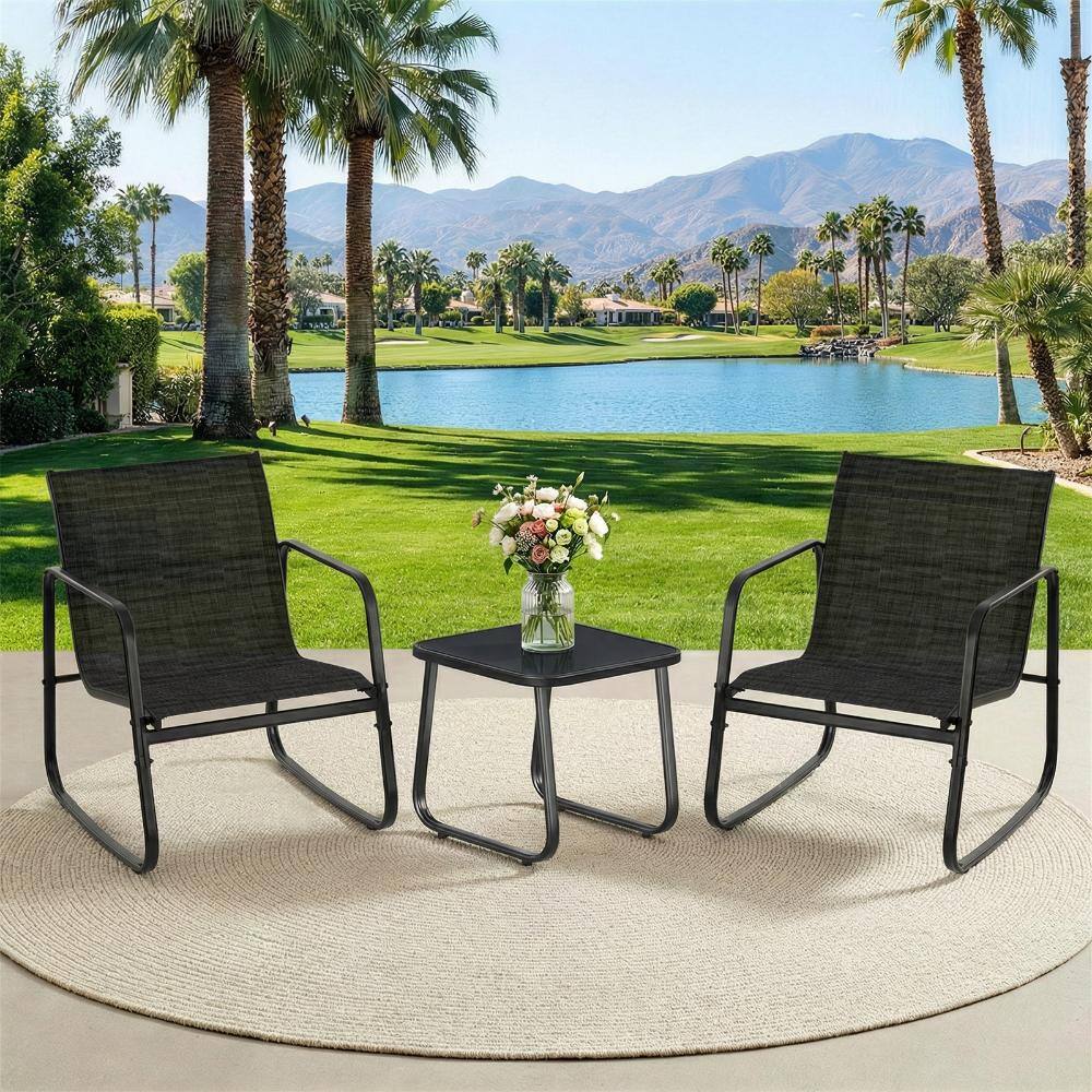 Black 3 Piece Textilene Fabric Steel Frame Outdoor Bistro Set with 2 Chairs & Glass Top Table price history on PriceWatchPro