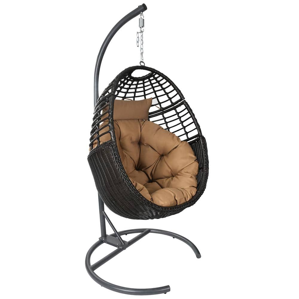 36 in. W Brown Hand-Woven Wicker Metal Outdoor Freestanding Patio Swing Egg Chair with Cushion and Stand -  TWT, KFSDLAA1