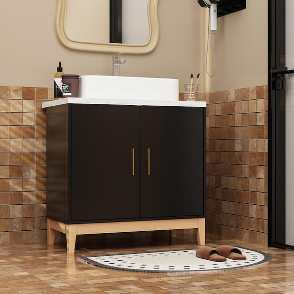 31.6 in. Wx19 in. Dx31.3 in. H Single Sink Freestanding Wood Bath Vanity without Mirror in Black with White Ceramics Top