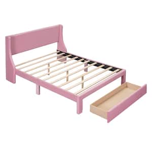 Pink Wood Frame Queen Velvet Upholstered Platform Bed with Drawer