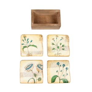 Square Resin Coasters with Flower in Wood Box in Beige (Set of 5)