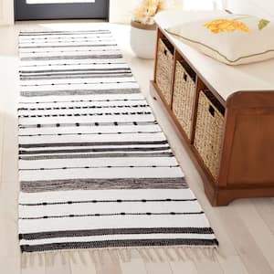 Striped Kilim Ivory Black 2 ft. x 9 ft. Abstract Striped Runner Rug