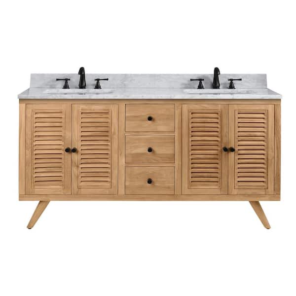 Harper 61 in. Double Sink Natural Teak Bath Vanity with Carrara White Marble Top