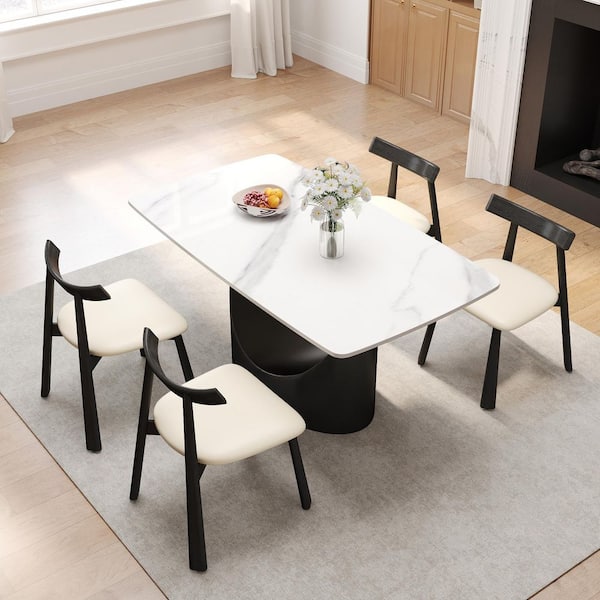 White Microfiber Leather Dining Chair (Set of 4), Upholstered Side Chairs with Wood Legs for Dining Room