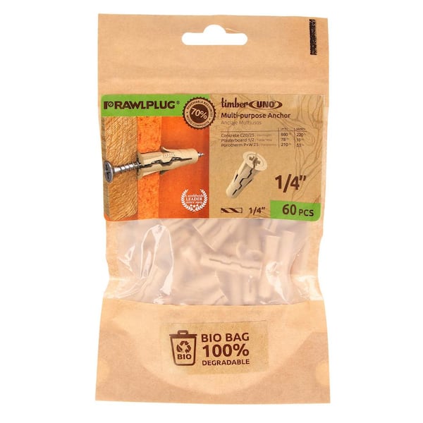 RAWLPLUG Uno Timber Multi-Purpose Drywall Anchors 1/4 19 lbs. (Bio Pack of 60)