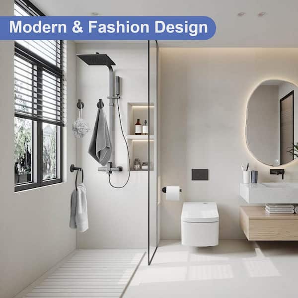 4-Piece Bath Hardware Set With Robe Hooks, Towel Ring, Toilet Paper Holder Modern in Matte Black