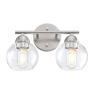 13.33 in. 2-Light Brushed Nickle Bathroom Vanity Light with Clear Glass Shades