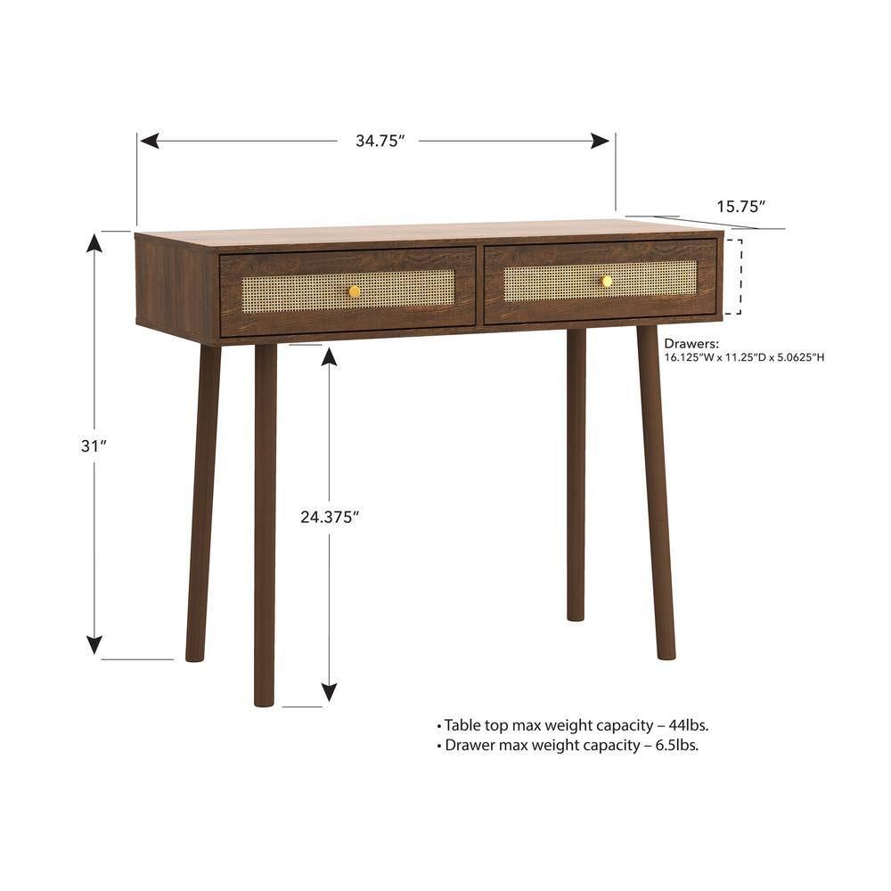 Walnut Mid-Century Modern Console Table with Rattan Drawers