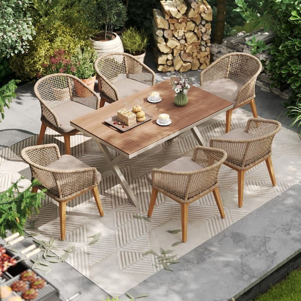 ダイニングセット Freestyle 7-Piece Wicker & Wood Rectangular Outdoor Dining Set
