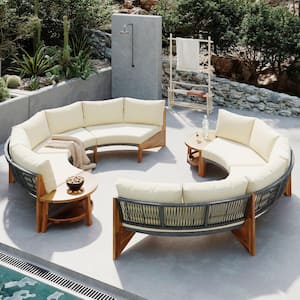 6 Person Outdoor Set Round Metal Outdoor Conversation Set Patio Sectional Sofa with Coffee Table light brown Cushion