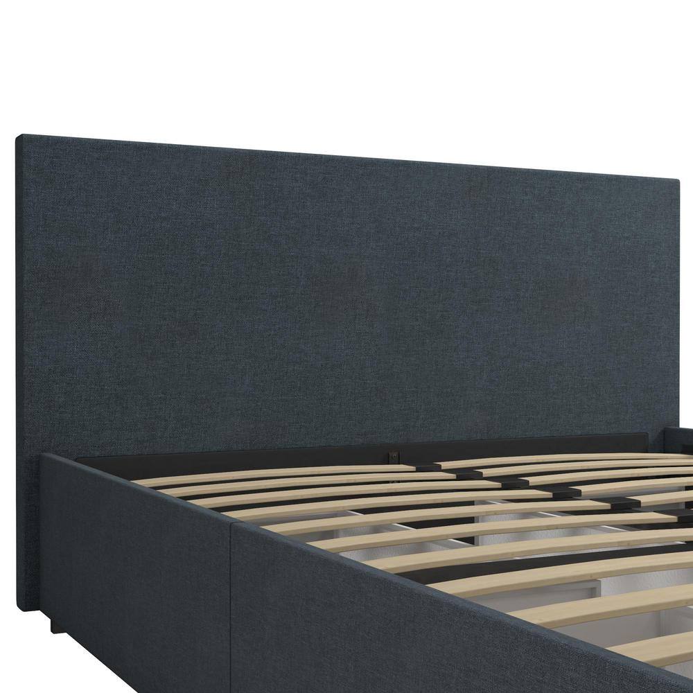 Elegant Navy Blue Linen Queen Storage Bed with Upholstered Headboard