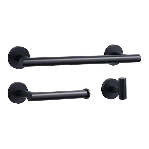 3-Piece Bath Hardware Set with Towel Bar, Toilet Paper Holder, and Robe Hook, Wall Mounted in Matte Black