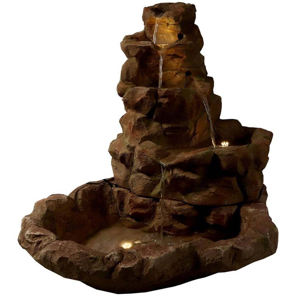 Light Brown Fiberglass Stone Springs Outdoor Water Fountain with LED Lights