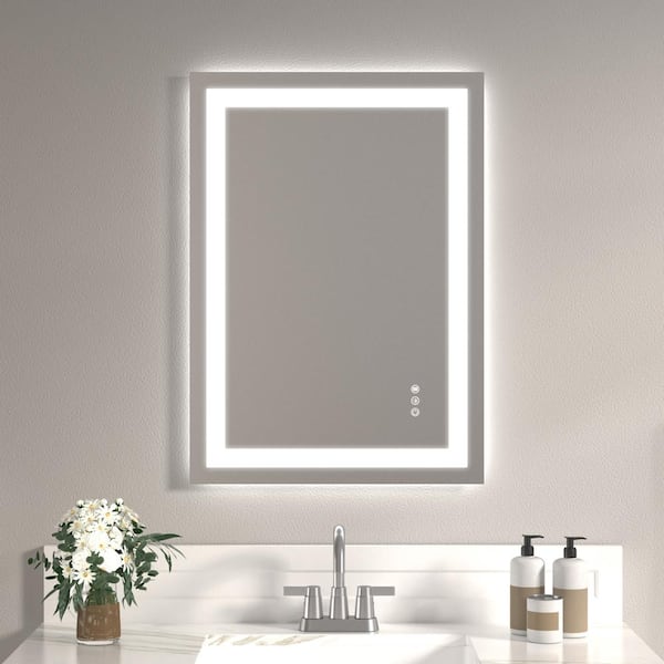 WOODSAM 20 in. W x 28 in. H Rectangular Frameless LED Anti-Fog Wall Bathroom Vanity Mirror, Tempered Glass Backlit Front Light