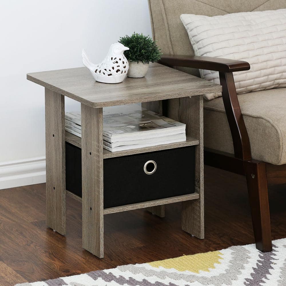 Contemporary Oak Gray Rectangular End Table with Drawer, Set of 2
