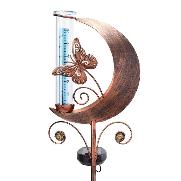 Solar Rain Gauge Outdoor, Decorative Moon Butterfly Rain Gauges Outdoors Best Rated, Freeze Proof Water Rain Gauge