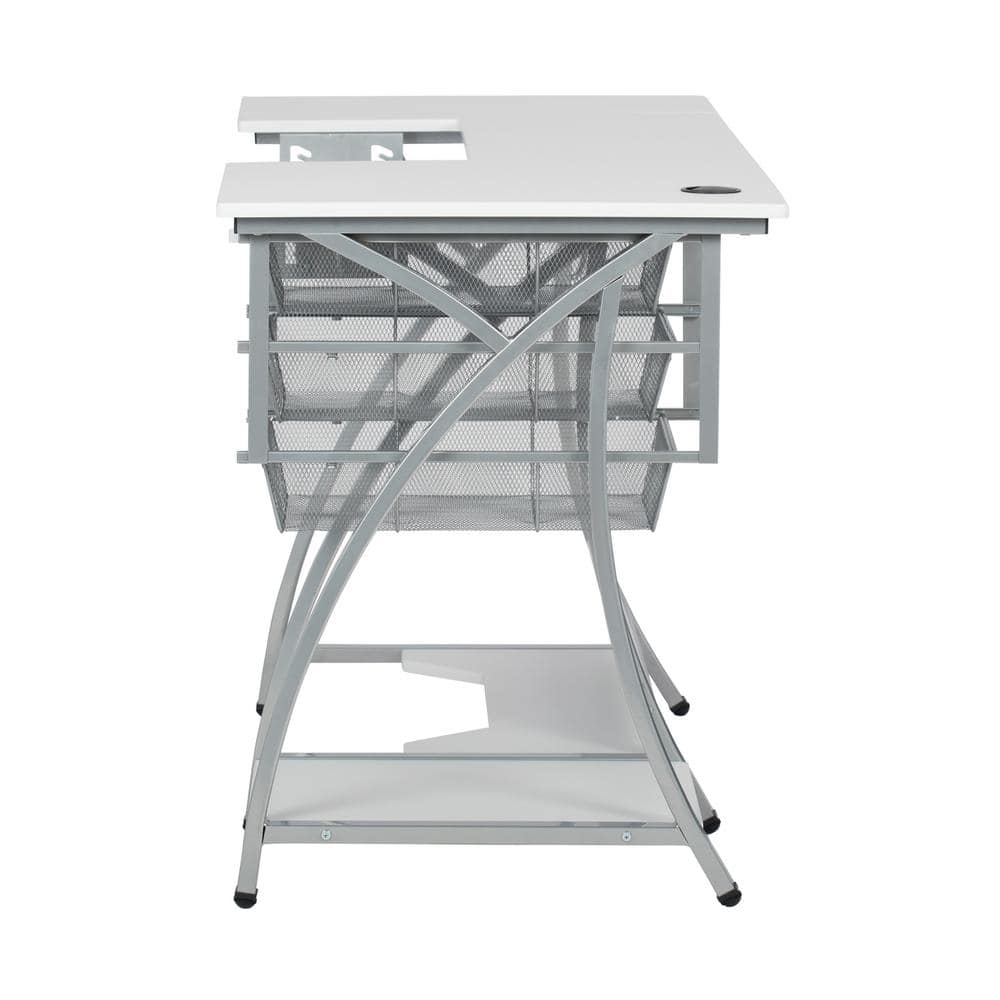 Silver and White Foldable Sewing Table with Mesh Drawers