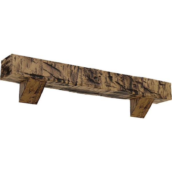 Ekena Millwork 4 in. x 4 in. x 7 ft. Hand Hewn Faux Wood Fireplace Mantel Kit with Breckinridge Corbels, Natural Golden Oak