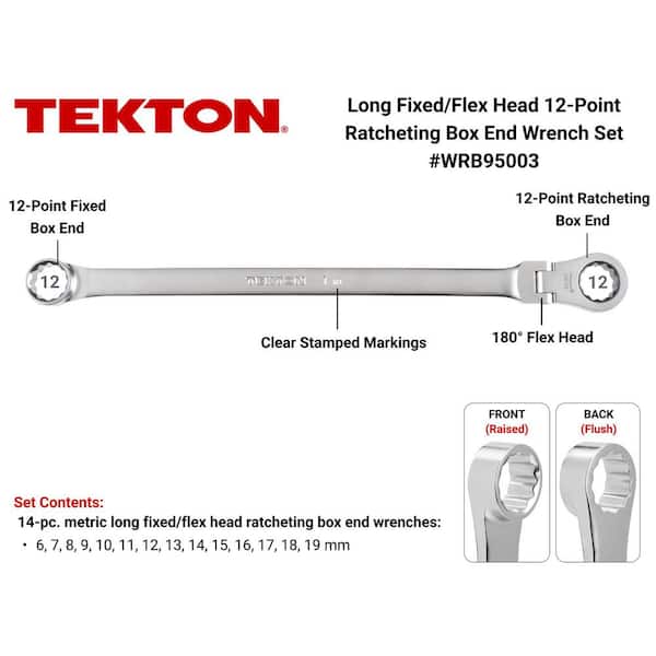 Long Fixed/Flex Head 12-Point Ratcheting Box End Wrench Set, 14-Piece (6-19 mm)