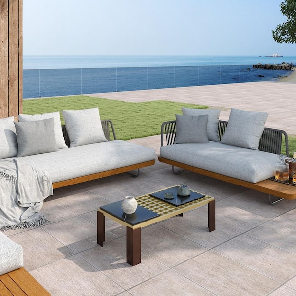 48 in. W Black and Gold Rectangle Stone Tabletop Coffee Table with Hollow Lattice Design