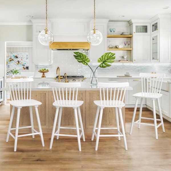 LUE BONA 24 in. White Classic Windsor Back Contoured Seat Bar Stools Solid Wood Counter Height Barstools(Set of 4)