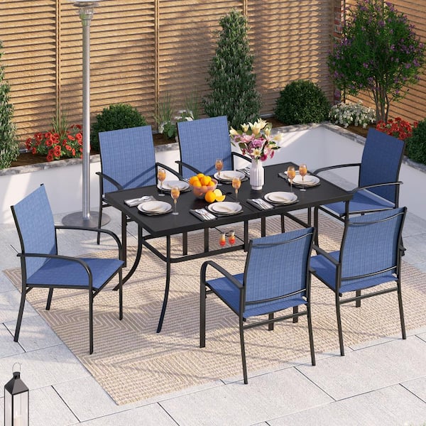PHI VILLA Black 7-Piece Metal Outdoor Patio Dining Set with Rectangle Table and Blue Textilene Chairs