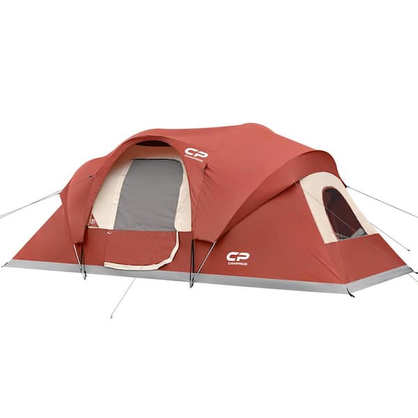 Zeus & Ruta 16 ft. x 9 ft. Red 9-Person Canopy Portable Camping Tent with 4 Large Mesh Windows for Outdoor Camping